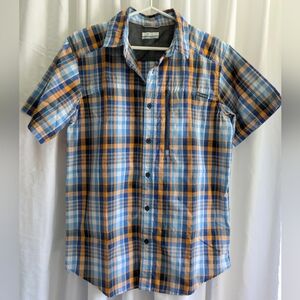 Columbia Men's Plaid Short Sleeve Shirt Blue and Orange Zip Pocket S/P Regular